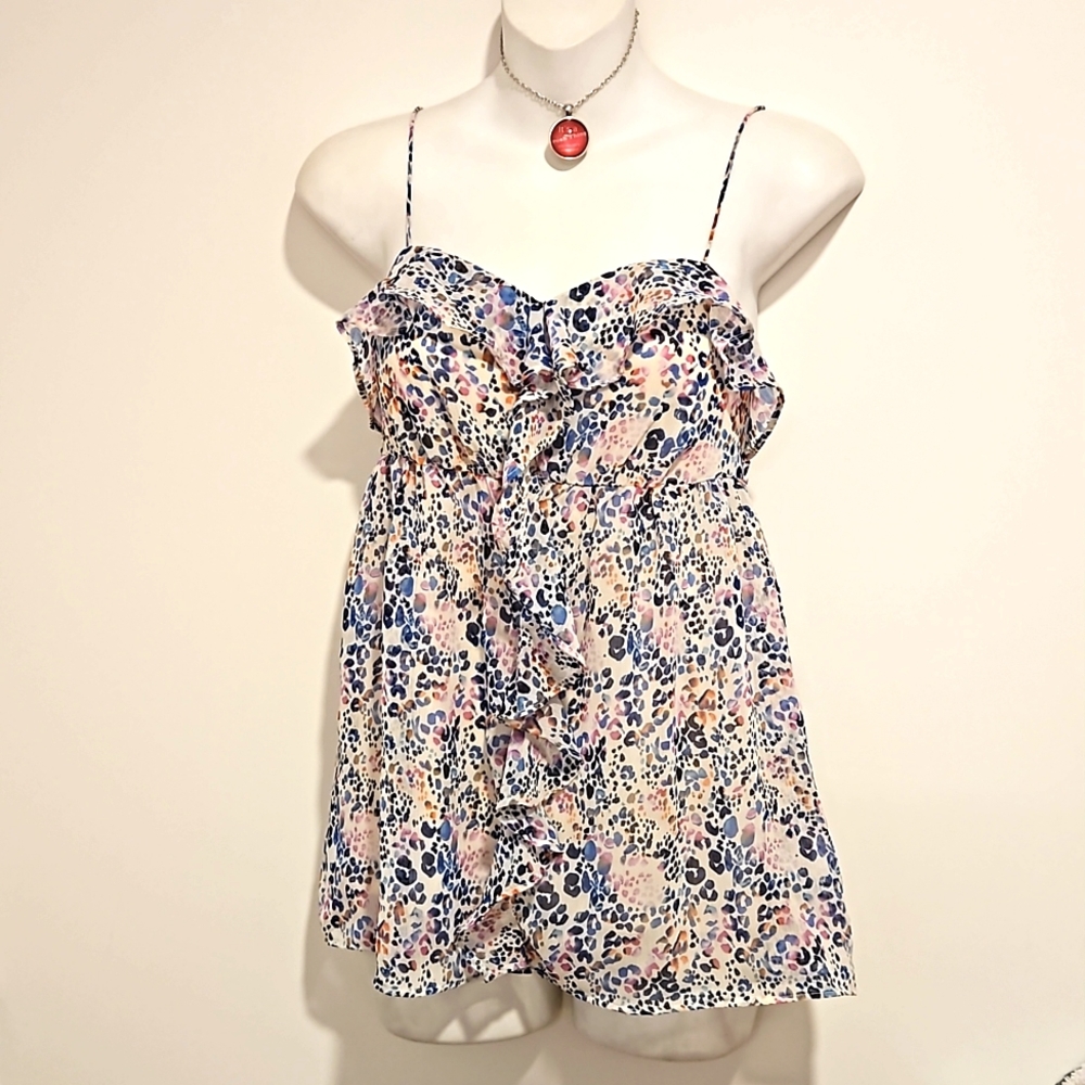 Candie's blue pink thin strap ruffled animal print top Small flowy EUC